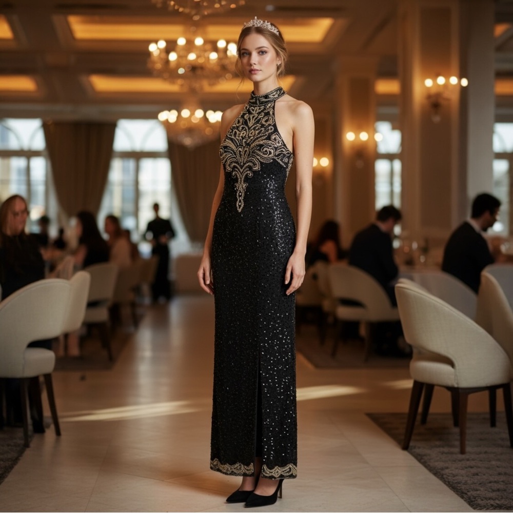 Vintage Michaelangelo Black & Gold Silk High-Neck Sequins Halter Ball Gown